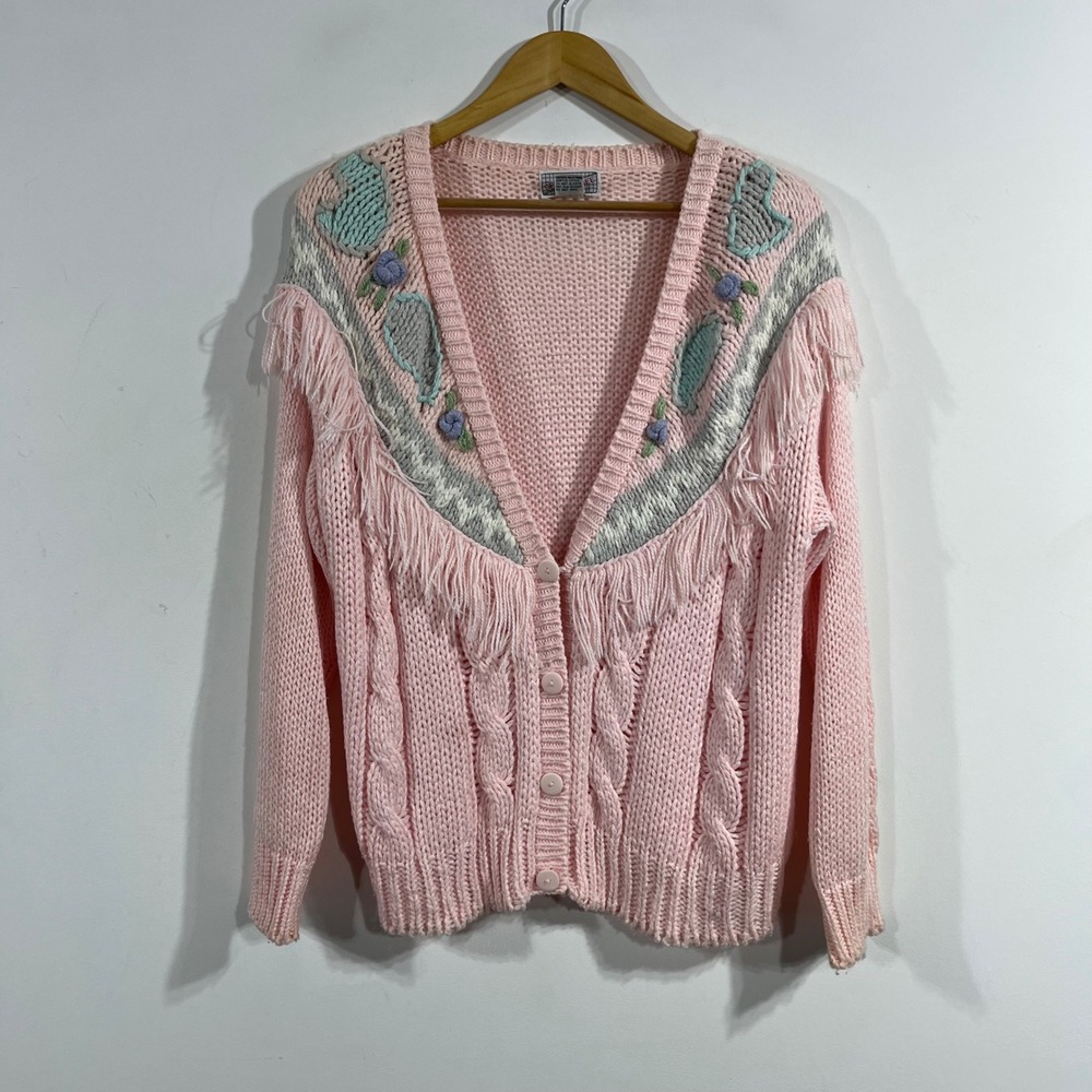 VTG 90s SpiceofLife Cottagecore Granny Fringe Cable Knit Cardigan Sweater Large